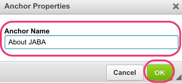 JABA CMS anchor properties dialog with the anchor name set to About JABA