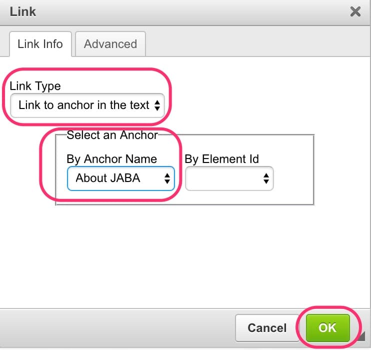 JABA CMS link dialog set to link to the About JABA anchor in the text