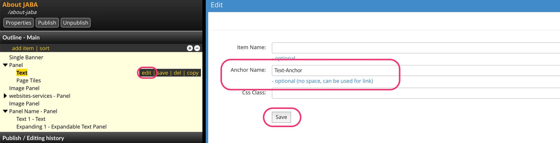 JABA CMS page outline for About JABA with an anchor name field open for editing