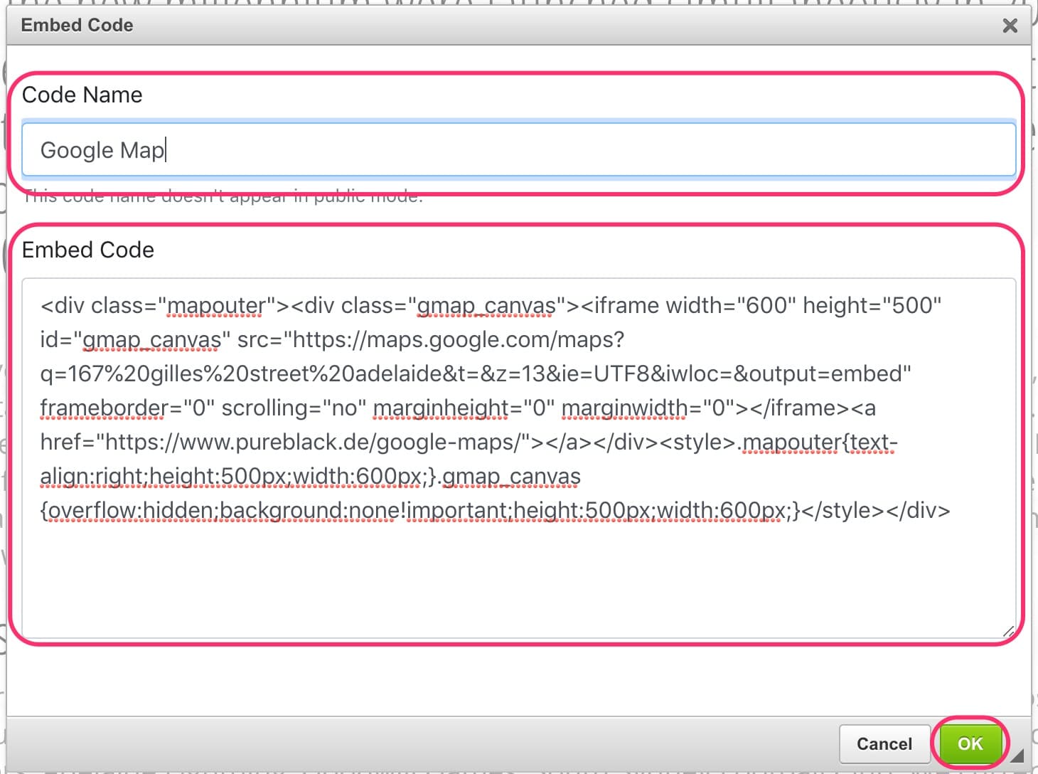 JABA CMS embed code dialog with a Google Map iframe snippet