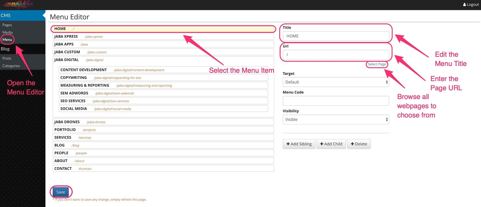 JABA CMS menu editor showing the Home menu item's title and URL fields
