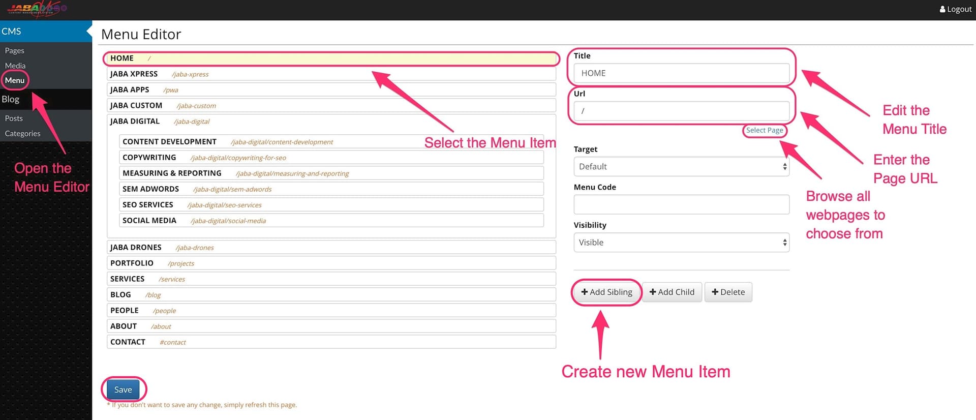JABA CMS menu editor with the Add Sibling button highlighted to create a new menu item