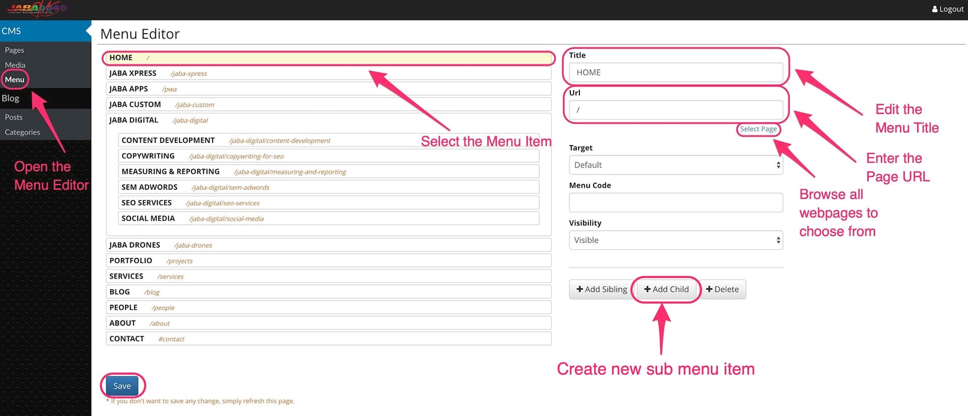 JABA CMS menu editor with the Add Child button highlighted to create a sub menu item