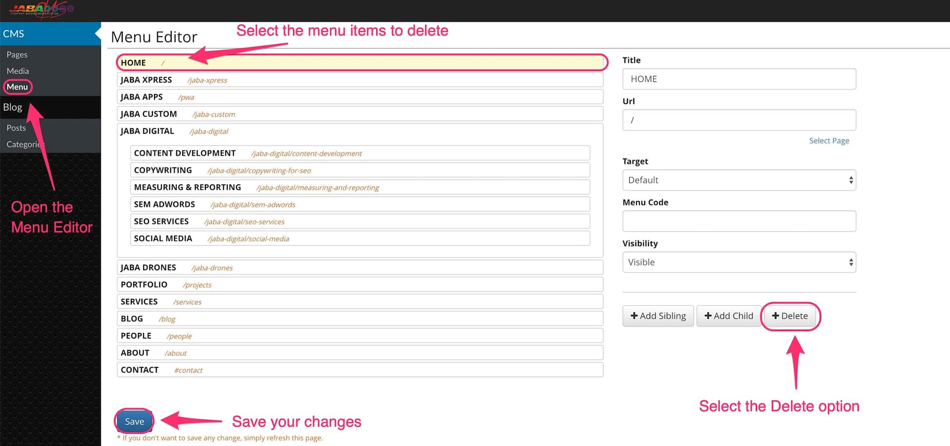 JABA CMS menu editor with the Delete button highlighted to remove a menu item