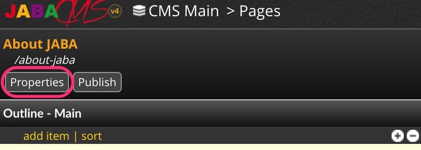 JABA CMS page editor with the Properties button highlighted on the About JABA page
