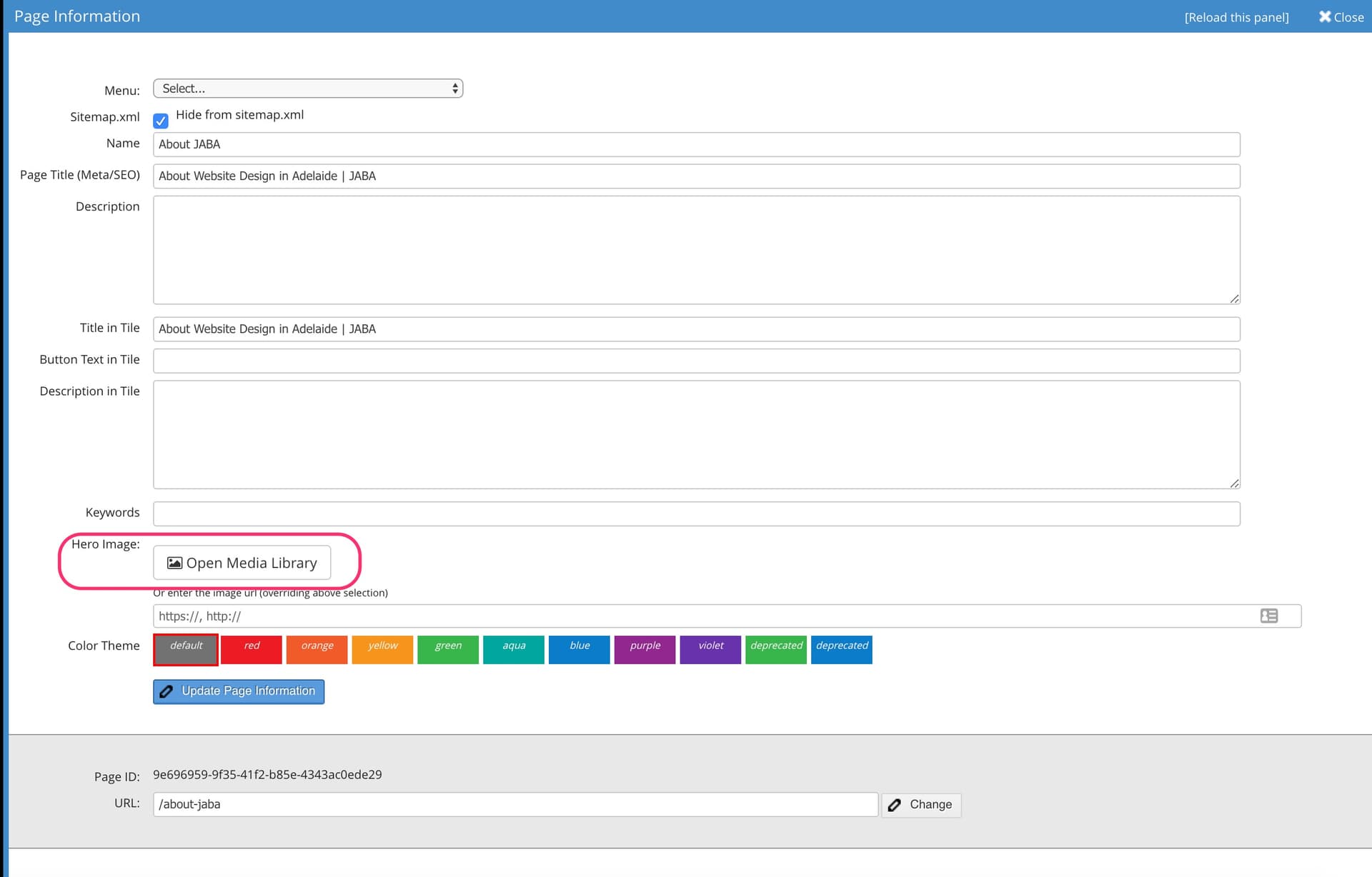 JABA CMS page information panel with the Open Media Library button highlighted for the hero image