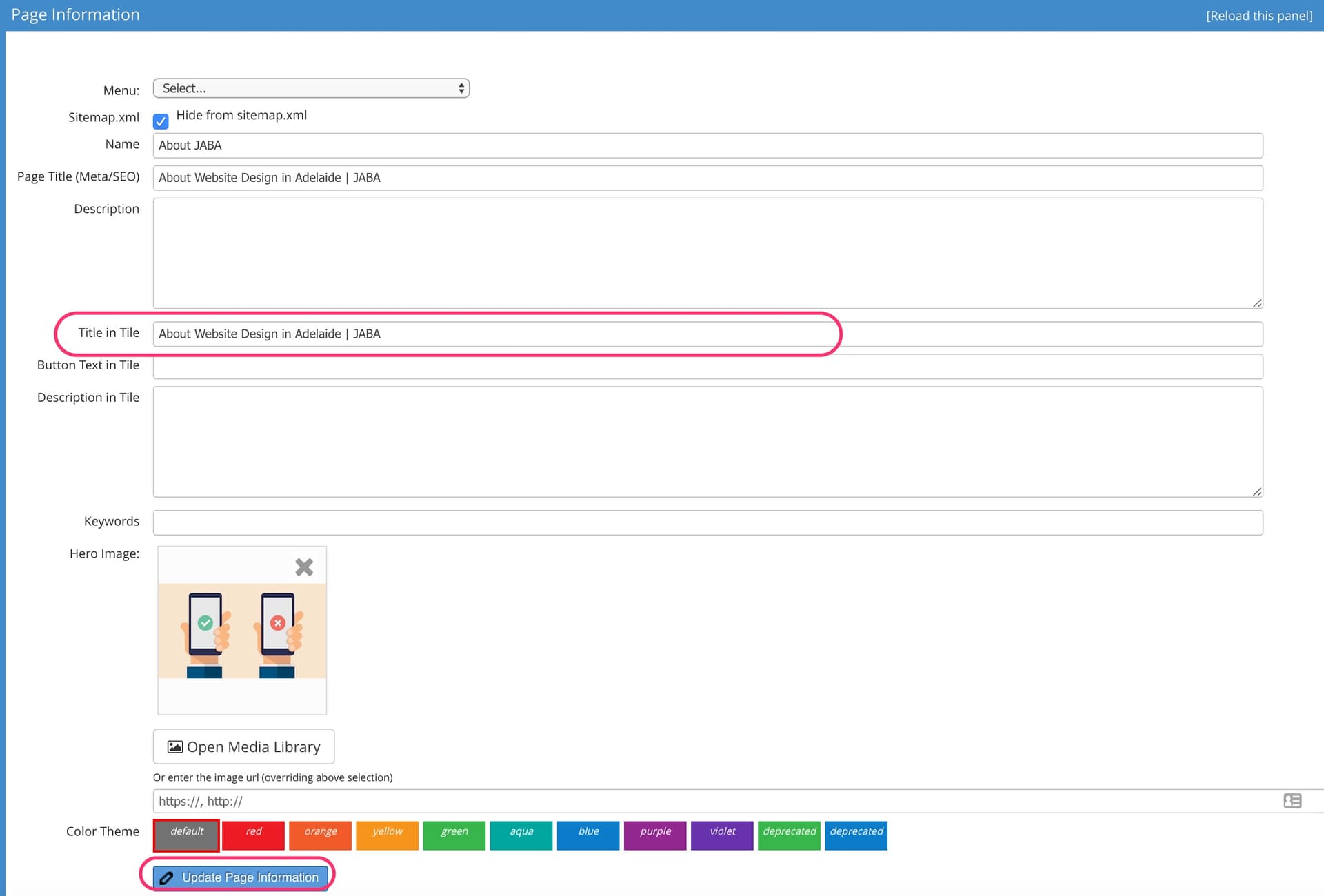 JABA CMS page information panel with the Title in Tile field highlighted