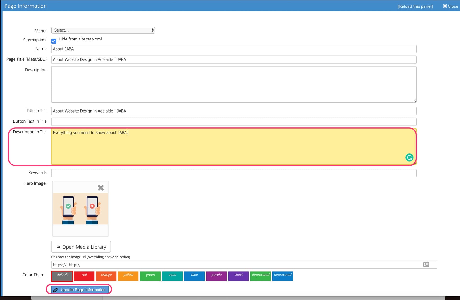 JABA CMS page information panel with the Description in Tile field filled in