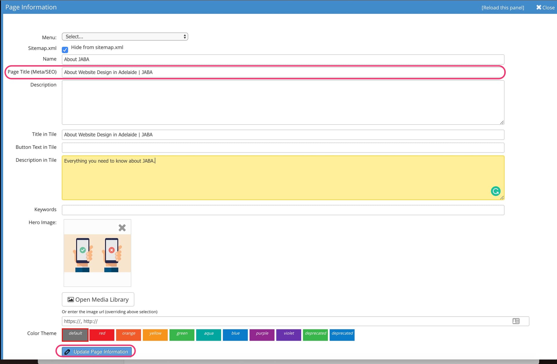 JABA CMS page information panel with the Page Title meta field highlighted