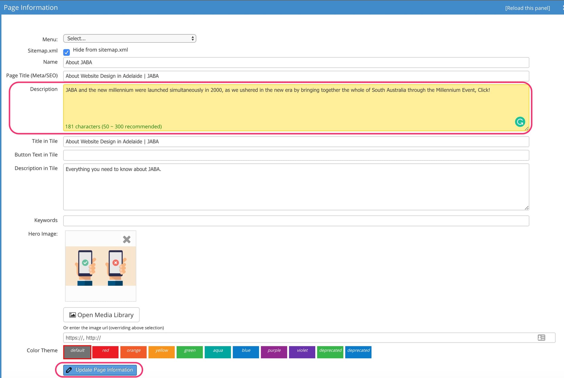 JABA CMS page information panel with the meta Description field filled in