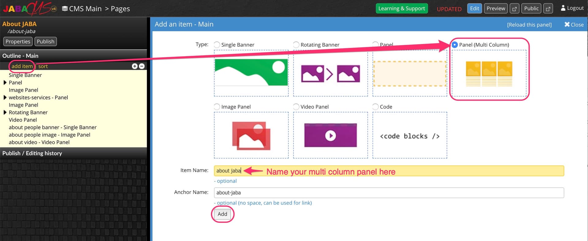 JABA CMS add item panel with Panel (Multi Column) type selected and item name highlighted