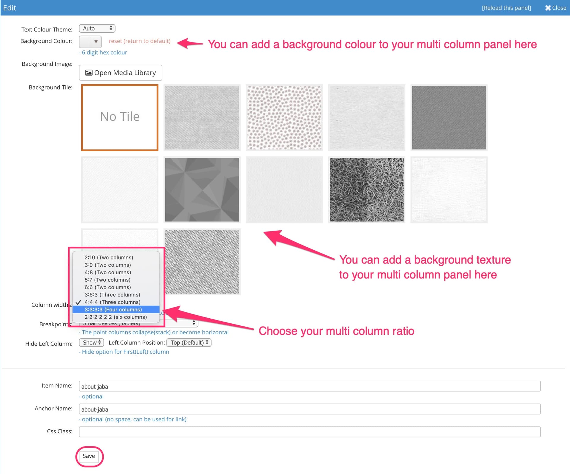 JABA CMS multi column panel edit screen with background and column width ratio options highlighted
