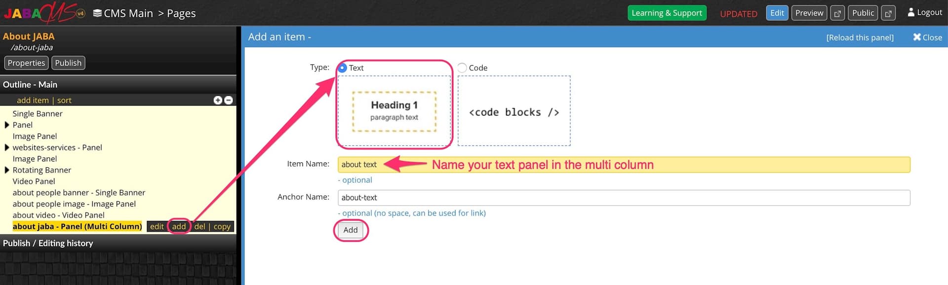 JABA CMS add-item panel with Text selected inside a multi column panel