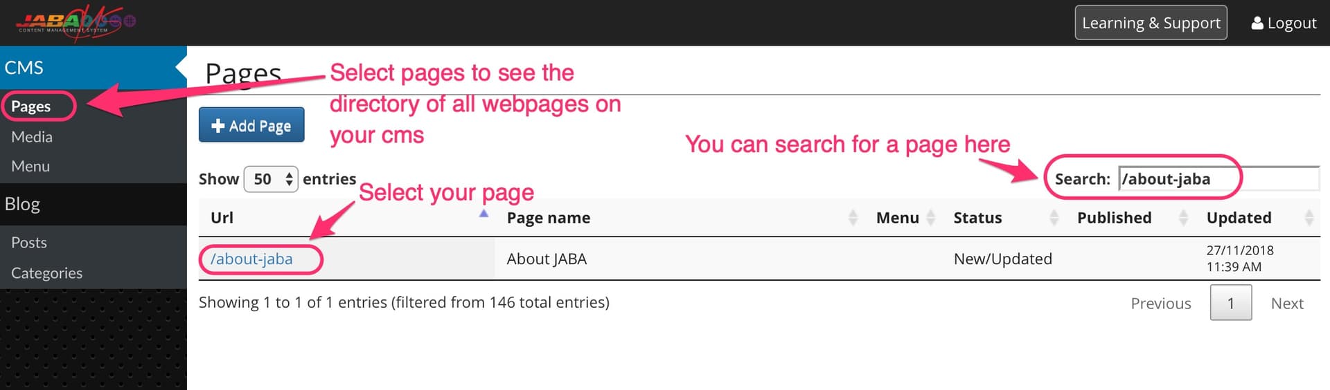 JABA CMS Pages directory with the search box and the About JABA page result highlighted
