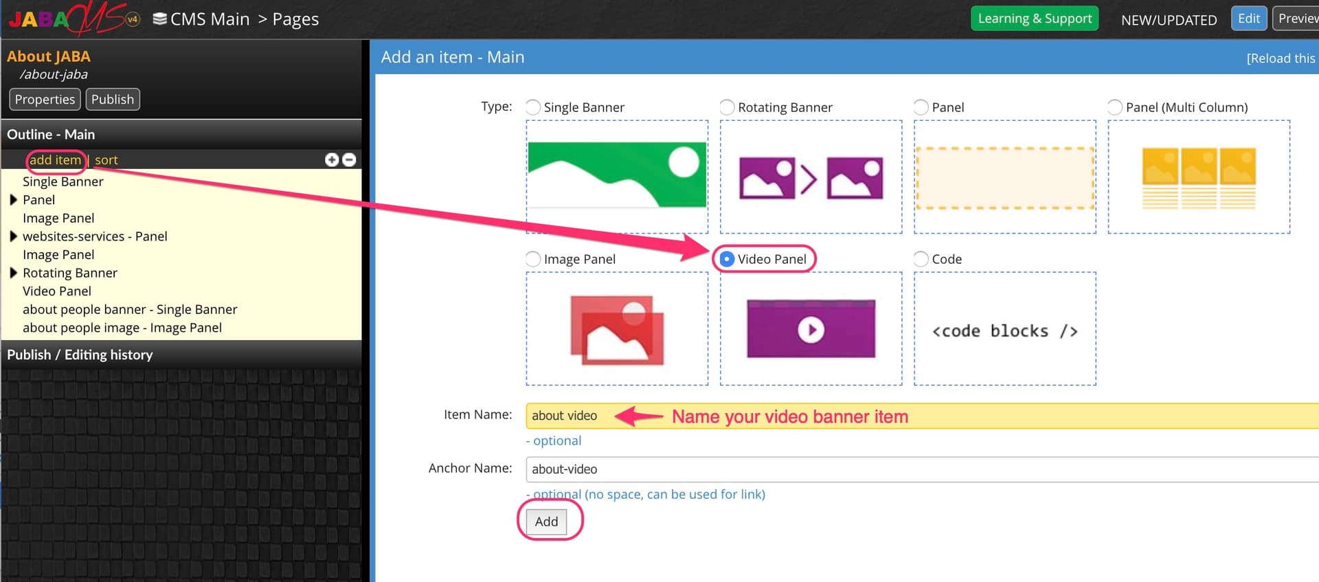 JABA CMS add item panel with Video Panel type selected and the item name field highlighted