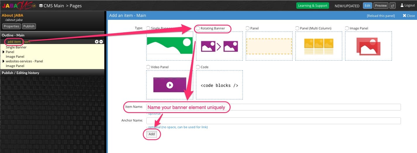 JABA CMS page editor with the Rotating Banner item type highlighted for the About JABA page