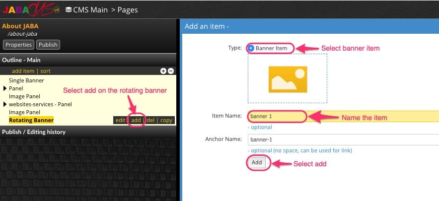 JABA CMS page editor with the Banner Item type selected while adding a rotating banner