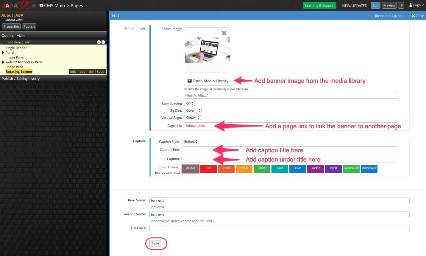 JABA CMS banner editor with the image, page link, caption and save fields highlighted