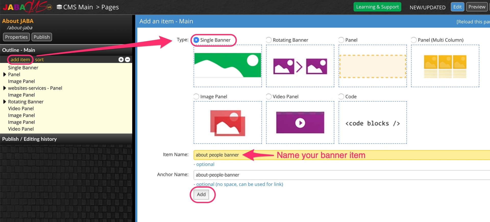 JABA CMS page editor with Single Banner type selected and the item name field highlighted