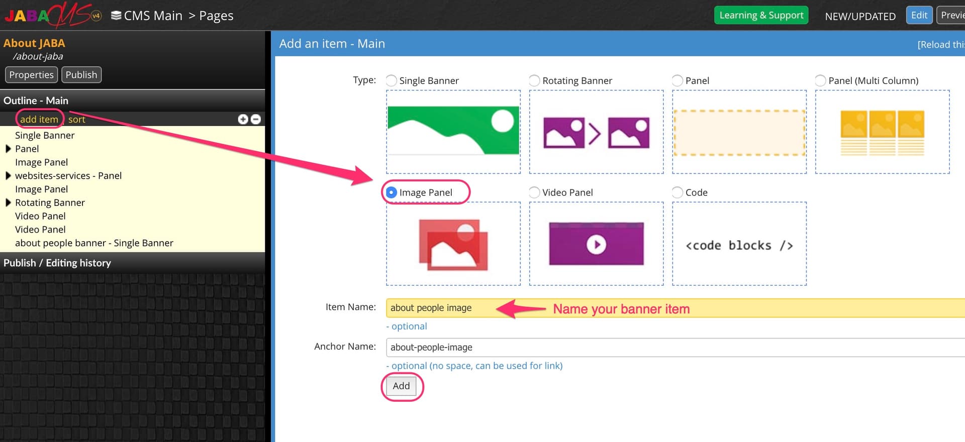 JABA CMS add item panel with Image Panel type selected and the item name field highlighted