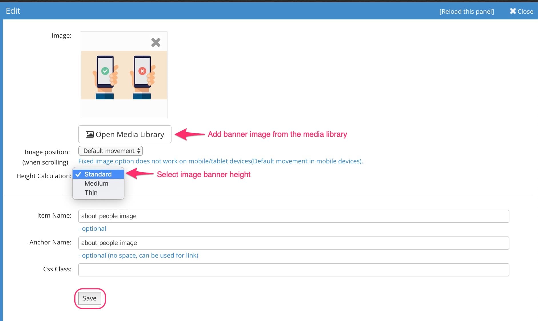 JABA CMS image panel edit screen with image position and height calculation options highlighted