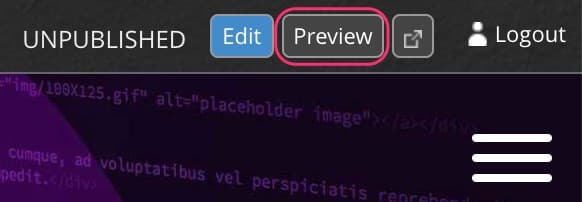 JABA CMS toolbar for an unpublished page with the Preview button highlighted