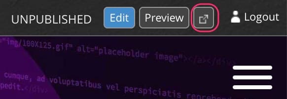 JABA CMS toolbar for an unpublished page with the preview-in-new-tab icon highlighted