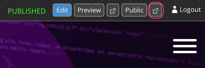 JABA CMS toolbar for a published page with the view-live-site icon highlighted