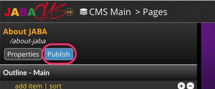 About JABA page panel in the CMS with the Publish button highlighted