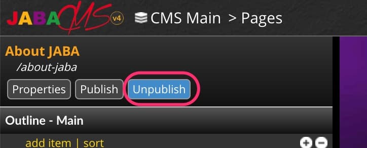 JABA CMS page editor with the Unpublish button highlighted on the About JABA page