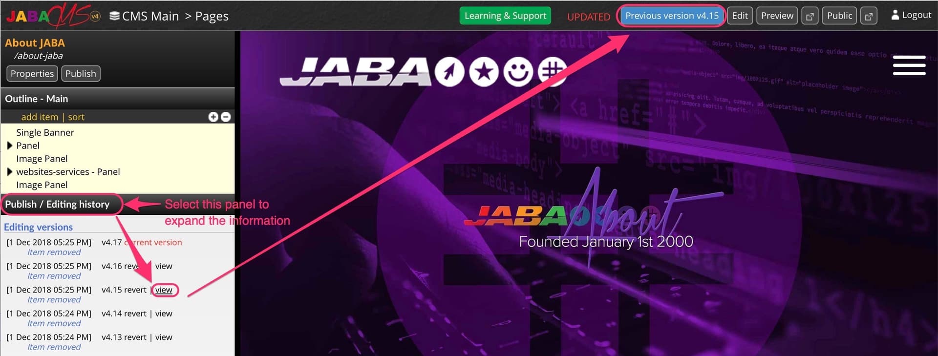 JABA CMS editing history panel highlighting how to view and revert to a previous page version