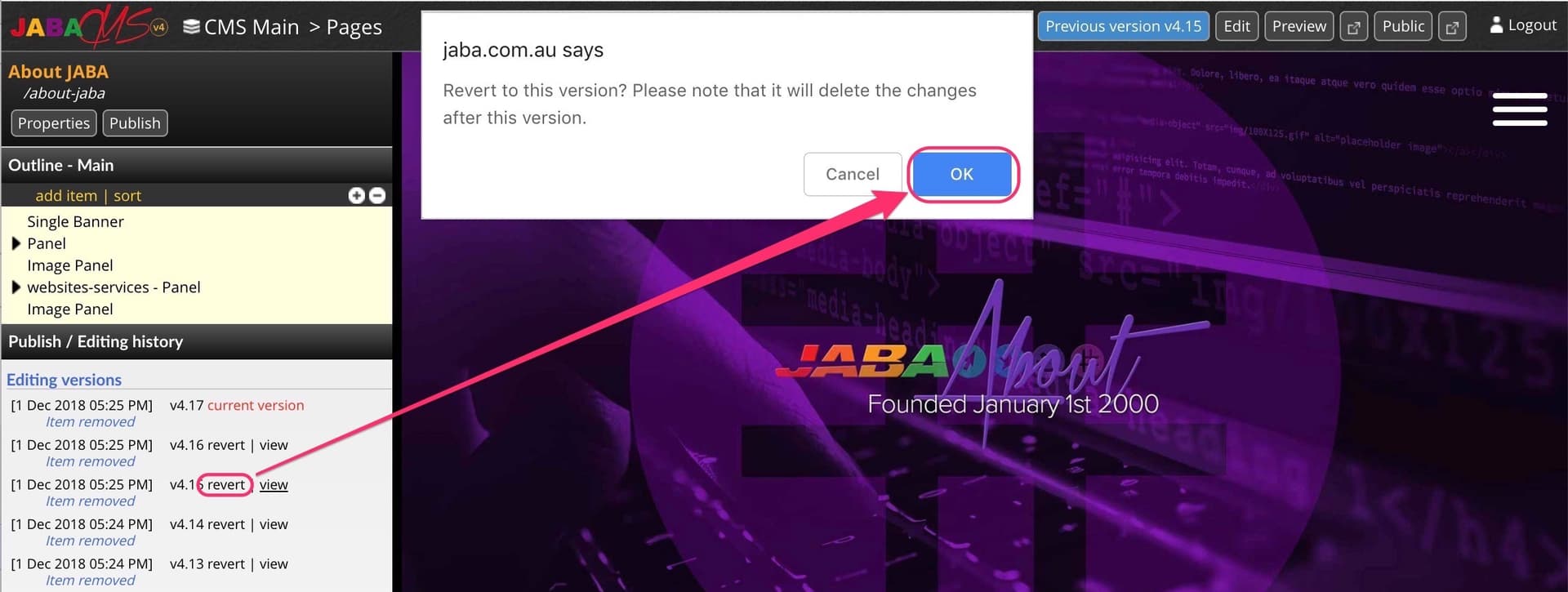 JABA CMS confirmation dialog for reverting a webpage to a previous published version