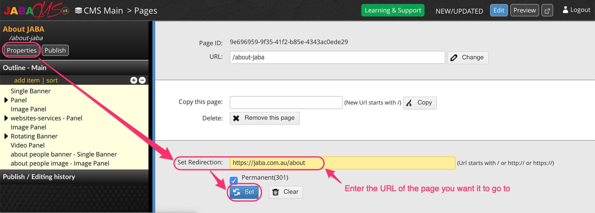 JABA CMS page properties screen with the Set Redirection field and URL ready to configure a 301 redirect