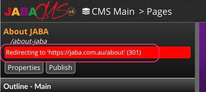 JABA CMS page showing an active 301 redirect notice for About JABA