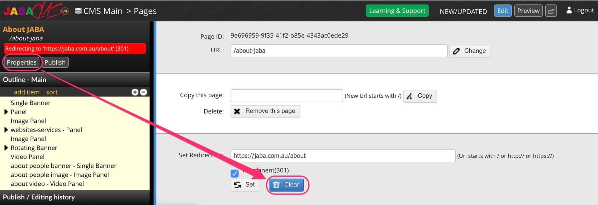JABA CMS page showing an active 301 redirect with the Clear button highlighted to remove it