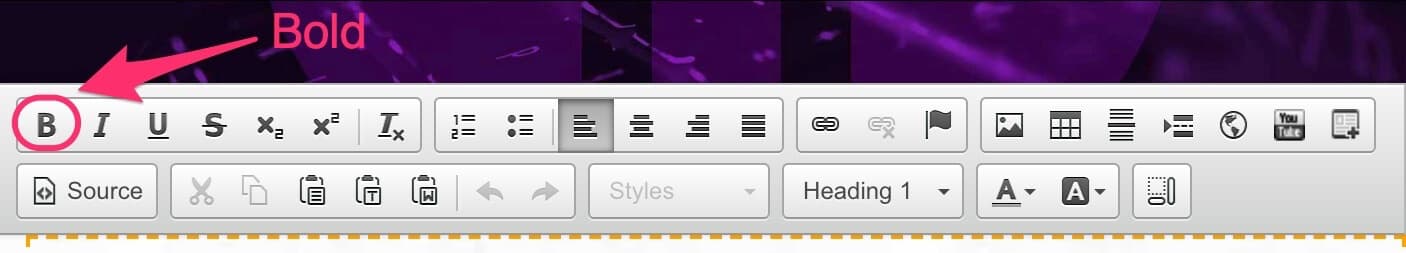 CMS text editor toolbar with the Bold button highlighted