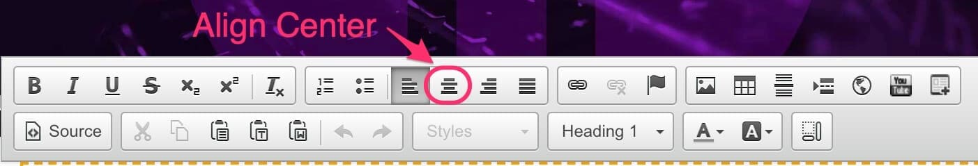 CMS text editor toolbar with the Align Centre button highlighted