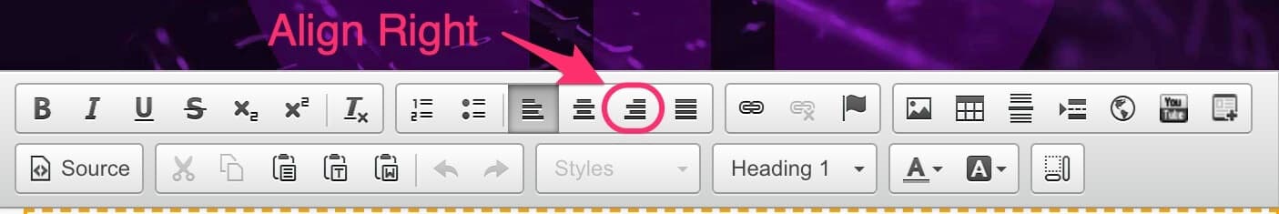 CMS text editor toolbar with the Align Right button highlighted