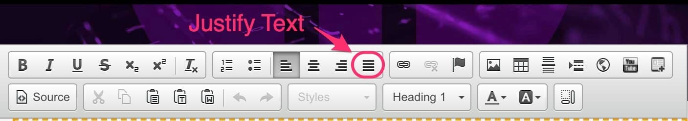 CMS text editor toolbar with the Justify Text button highlighted