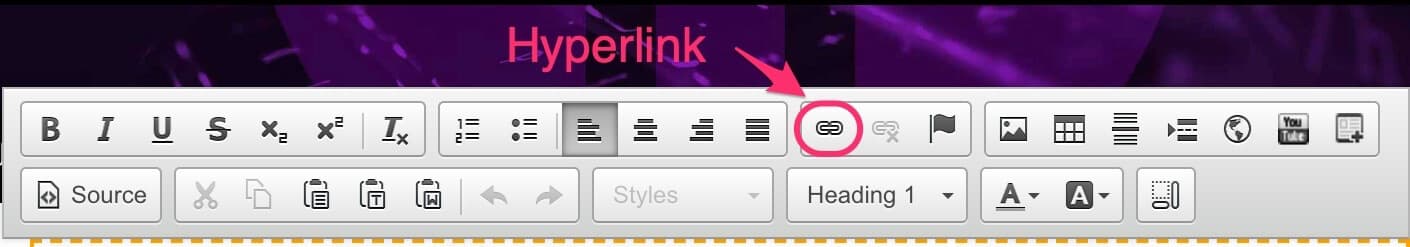 JABA CMS text editor toolbar with the hyperlink icon highlighted