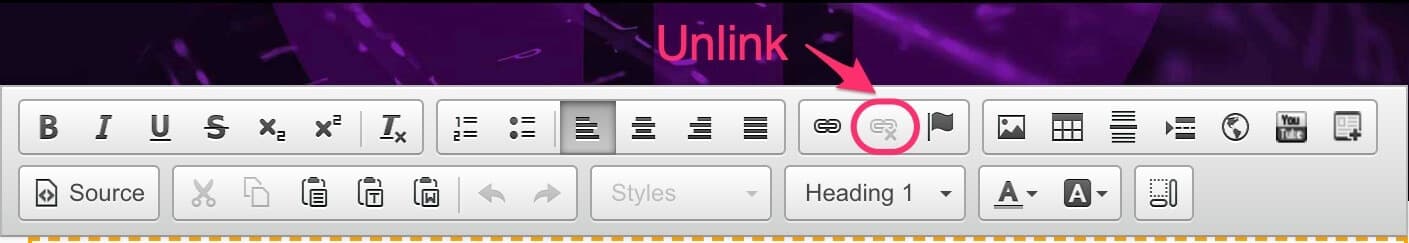 CMS text editor toolbar with the Unlink button highlighted