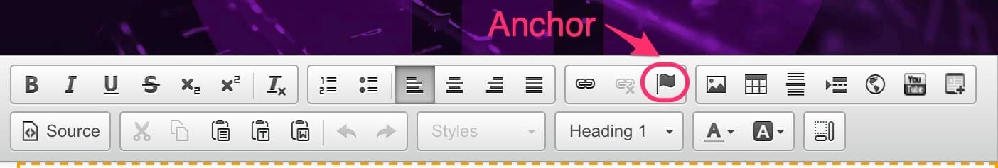CMS text editor toolbar with the Anchor button highlighted