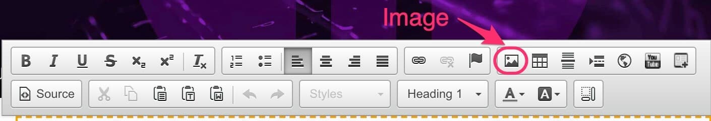 CMS text editor toolbar with the Image button highlighted