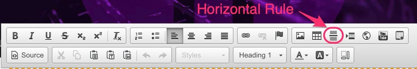 CMS text editor toolbar with the Horizontal Rule button highlighted