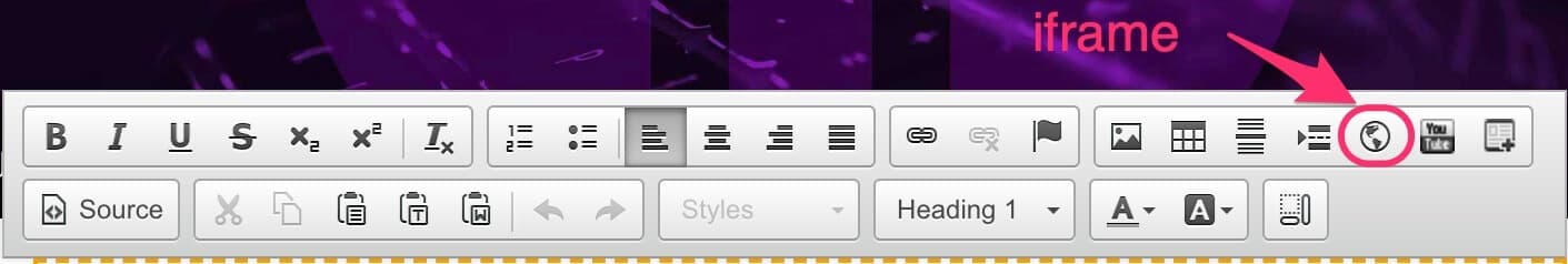 CMS text editor toolbar with the iframe embed button highlighted
