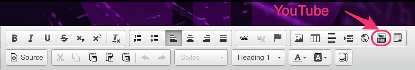 CMS text editor toolbar with the YouTube embed button highlighted