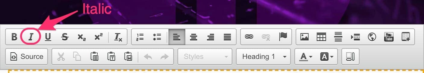 CMS text editor toolbar with the Italic button highlighted