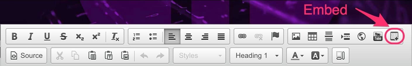 CMS text editor toolbar with the Embed button highlighted