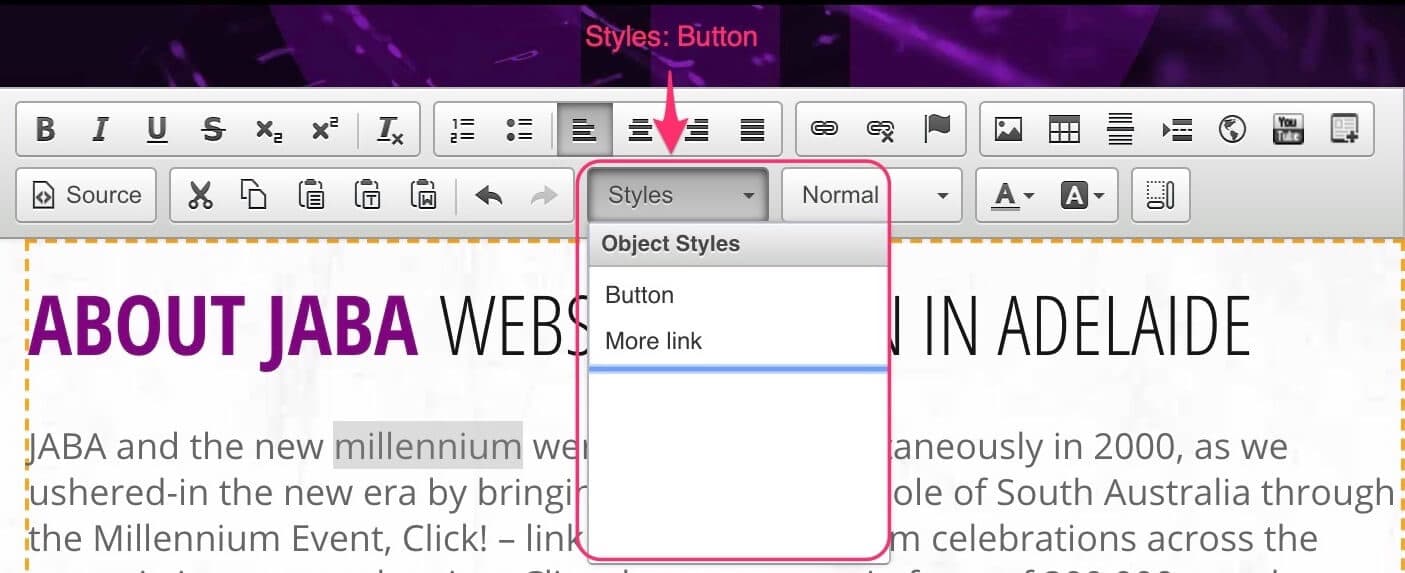 CMS text editor Styles dropdown open showing Button and More Link object styles