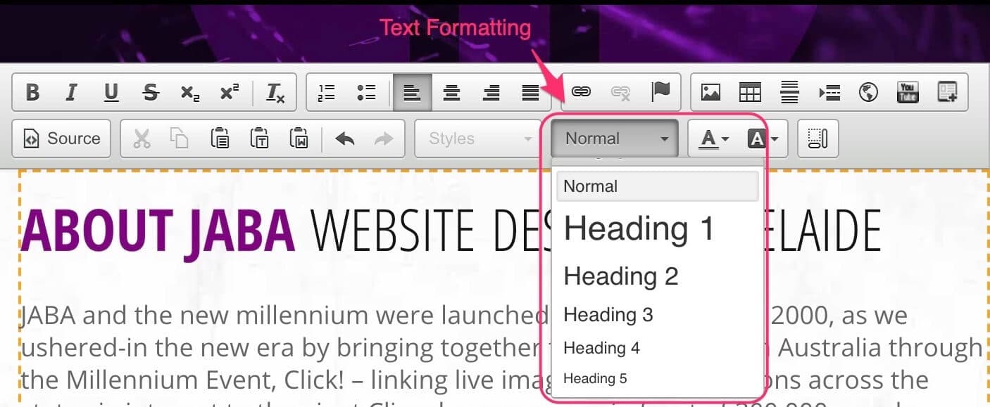 CMS text editor toolbar with the paragraph style dropdown highlighted, showing Heading 1 to 5 options